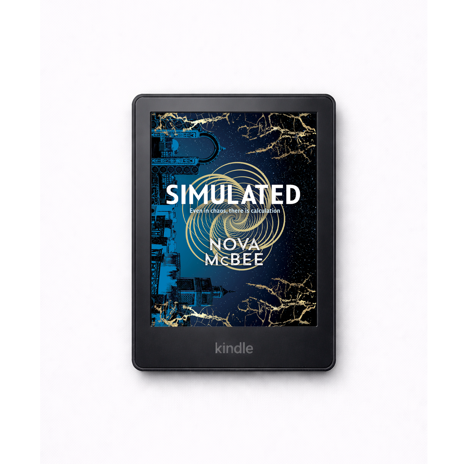 Kindle device with 'Simulated' by Nova McBee on the screen against a white background